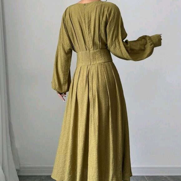Textured Elegant Batwing Sleeve Empire Waist Pleated Lantern Sleeve Dress - Picture 4 of 4